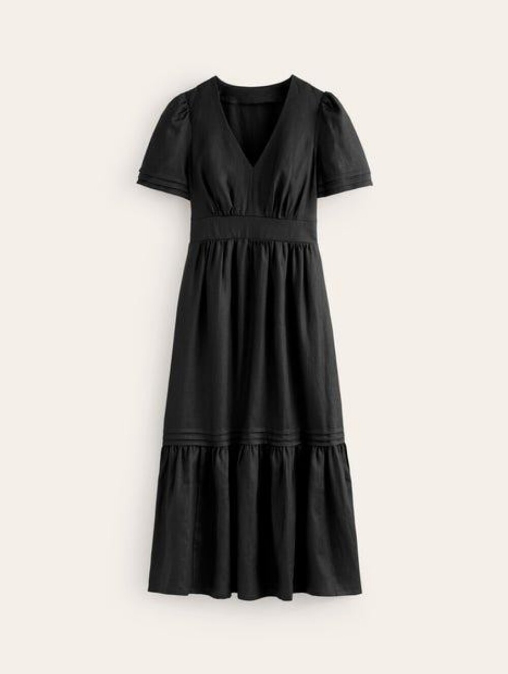 Boden Linen Black V-Neck Short Sleeve Tiered Midi Dress
